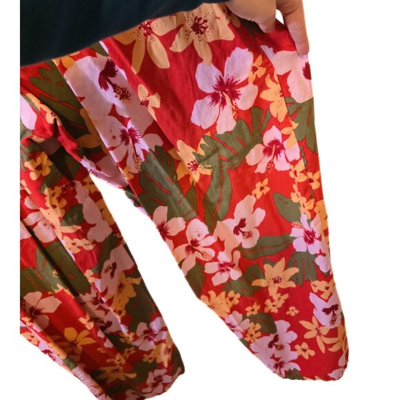 Tropical Floral Strapless Jumpsuit Long Pants Ruched Bodice Red Yellow Summer M - Picture 6 of 11